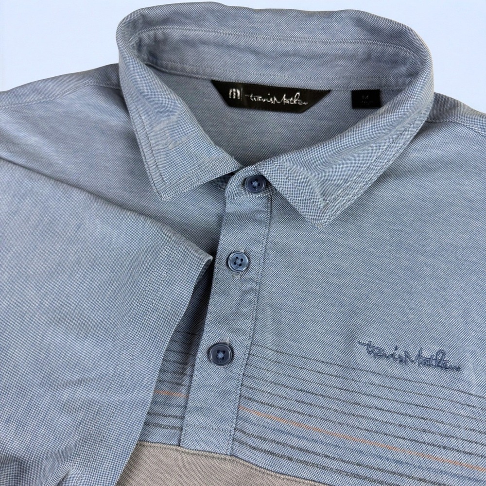 TravisMathew Polo Shirt Mens M Blue Grey Colorblock Striped Golf Performance